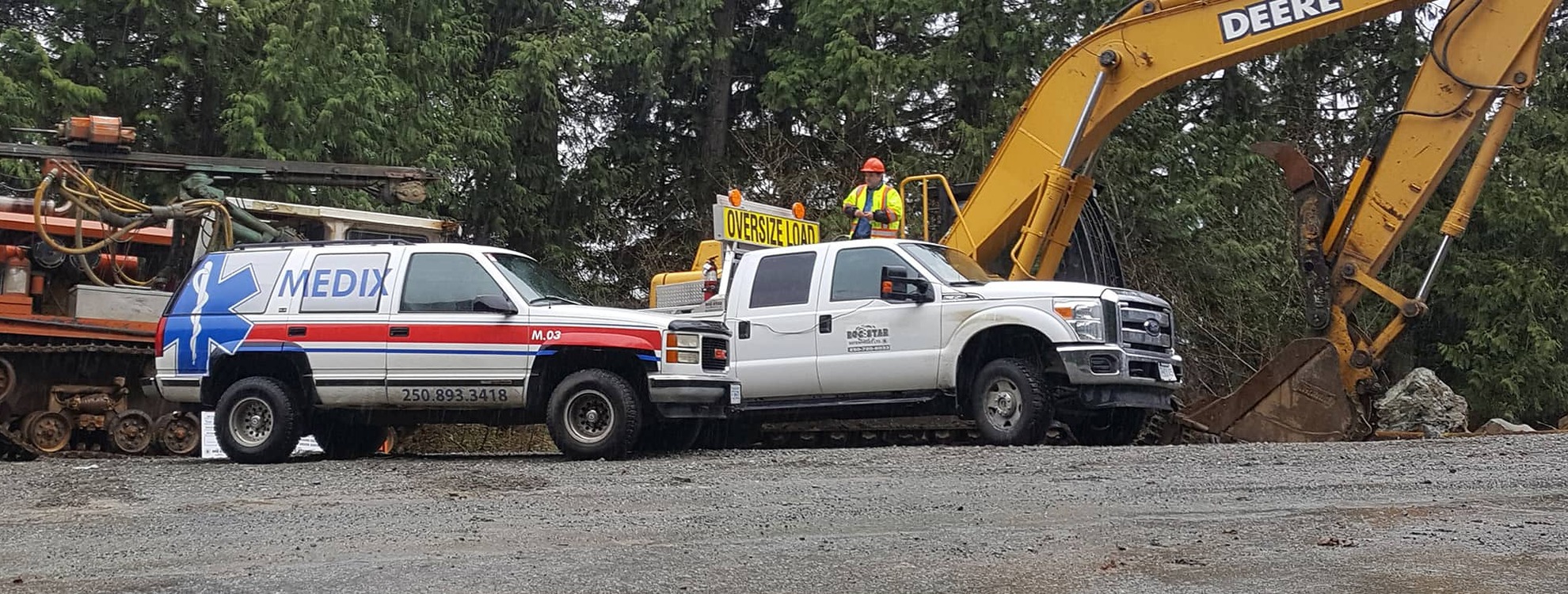 Medix truck in front of a backhoe