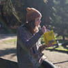 eating baked beans outside, regular 135g size shown