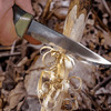desert knife in hand cutting wood