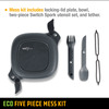 Photo of kit with text Mess Kit Includes locking-lid plate, bowl, two-piece Switch Spork utensil set, and tether.