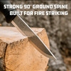 Strong 90 degree ground spine built for fire striking, photo shows knife in wood