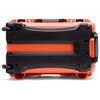 orange case underside with wheels and handle