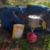 next to stove and backpack